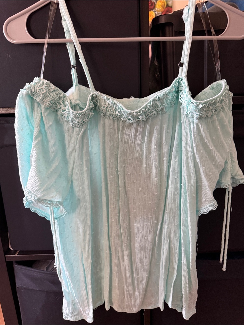 BCX Light Aqua Off-Shoulder Sleep Top with Lace Trim